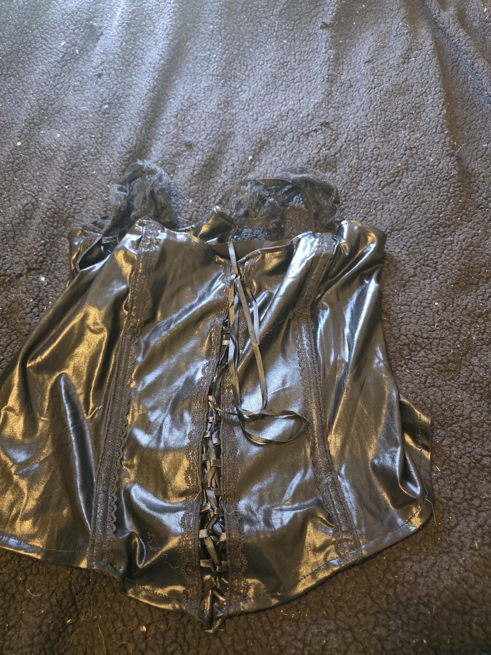 Black Faux Leather Lace-Up Corset Top - Unbranded